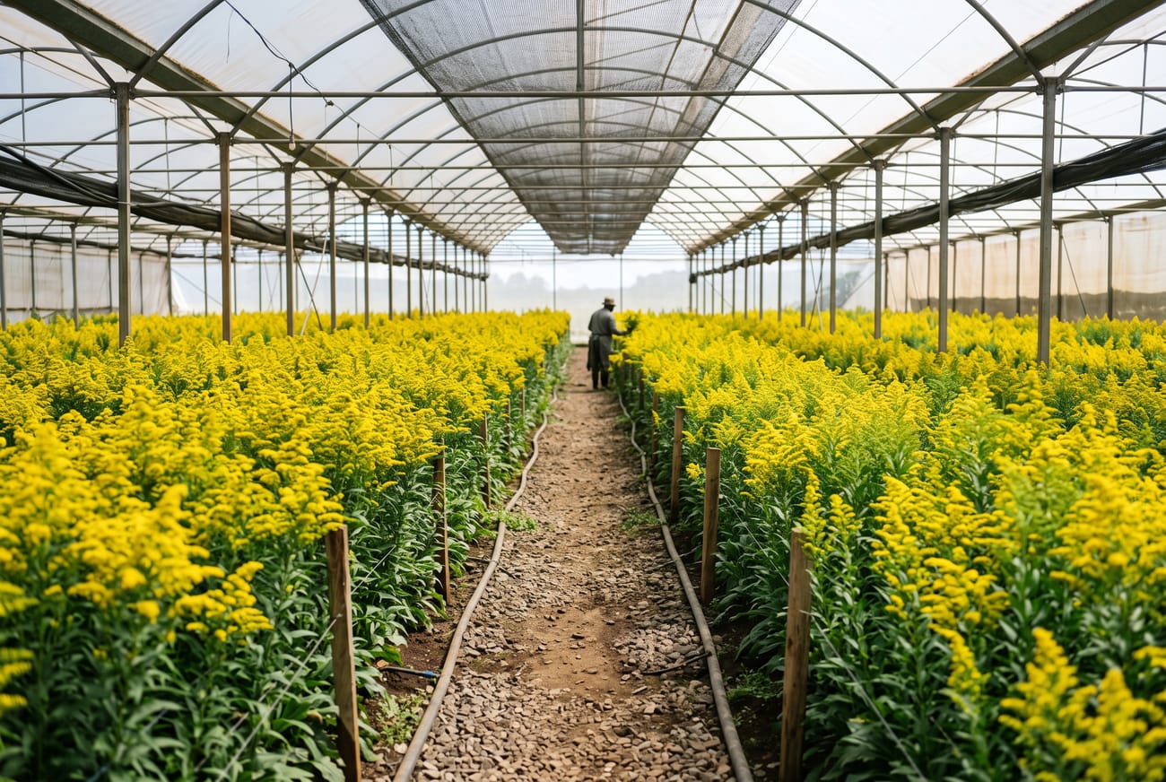 Rows of solidago inside a greenhouse in the Kenyan highlands